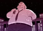 anthro belly big_belly bottomwear clothing detailed_background humanoid_hands kemono male night outside overweight overweight_male pants shirt solo topwear sv_grart lifewonders tokyo_afterschool_summoners ganglie_(tas) mammal suid suina sus_(pig) wild_boar 2022