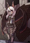 4_toes 5_fingers anthro clothed clothing feet female female_anthro fingers fur grey_body grey_fur hair hand_on_hip kemono looking_at_viewer orange_eyes smile solo standing text toes white_hair wings komenuka_inaho hybrid mammal 2021 absurd_res hi_res