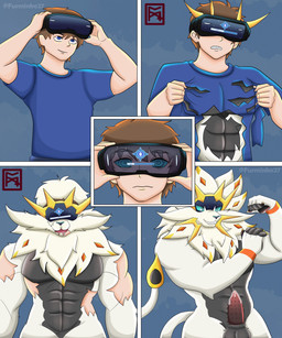 abs anthro balls blue_background erection genitals hypnosis male mind_control muscular muscular_male nude pecs pokemorph simple_background solo species_transformation standing tail transformation vr_headset furminko27 nintendo pokemon felid feline generation_7_pokemon legendary_pokemon lion mammal pantherine pokemon_(species) solgaleo absurd_res comic hi_res
