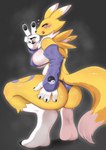 anthro big_breasts bikini black_sclera blush breasts butt clothing female fur looking_at_viewer simple_background smile solo swimwear tail tongue two-piece_swimsuit white_body white_fur yellow_body yellow_fur takamura bandai_namco digimon canid canine digimon_(species) mammal renamon absurd_res hi_res