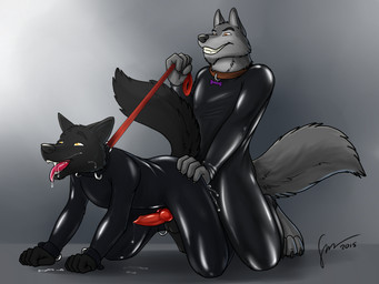 all_fours amber_eyes anal anal_penetration animal_genitalia animal_penis anklet anthro anthro_on_anthro anthro_penetrated anthro_penetrating anthro_penetrating_anthro balls beard biped black_body black_fur black_nose bodily_fluids bracelet brown_eyes butt butt_grab canine_genitalia canine_penis claws clothed clothed_sex clothing collar cum cum_in_ass cum_in_mouth cum_inside cum_on_face dominant dominant_male dripping drooling duo erection facial_hair from_behind_position fur genital_fluids genitals gimp_suit grey_body grey_fur grin hand_on_butt happy holding_leash holding_object jewelry kneeling knot latex leash leash_pull looking_pleasured male male/male male_penetrated male_penetrating male_penetrating_male multicolored_body multicolored_fur open_mouth penetration penis precum saliva sex simple_background smile submissive submissive_male teeth tight_clothing toe_claws tongue tongue_out two_tone_body two_tone_fur yellow_eyes hufnaar labwolf ookami_hudson canid canine canis mammal wolf 2015 4:3 signature