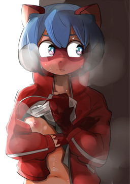 anthro blue_eyes blue_hair blush bodily_fluids breasts brown_body brown_fur clothed clothing facial_markings female fur gloves_(marking) hair head_markings jacket markings mask_(marking) multicolored_hair nipples solo steam sweat topwear heppushu brand_new_animal studio_trigger michiru_kagemori canid canine mammal raccoon_dog tanuki 2020