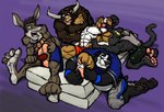 2_horns 4_toes abs anthro beard black_body black_fur blonde_hair bottomwear boxers_(clothing) brown_body brown_fur brown_hair brush clothed clothed_anthro clothed_male clothing curling_toes dominant dominant_anthro dominant_male eyes_closed facial_hair facial_piercing feet fur fur_tuft furgonomic_bottomwear furgonomics grey_body grey_fur group hair holding_brush holding_object horn looking_at_another lying male male/male mattress mattress_on_floor multicolored_body multicolored_fur muscular muscular_anthro muscular_male navel nose_piercing nose_ring on_back on_mattress open_mouth open_smile pants pawpads paws piercing pink_tongue red_boxers red_clothing red_underwear restrained restrained_arms restrained_legs ring_piercing scut_tail shirt short_tail smile submissive submissive_anthro submissive_male tail tail_tuft tickle_torture tickling tickling_feet tickling_nose tickling_sides toes tongue topless topless_anthro topless_male topwear tuft underwear white_body white_fur kctk bear bovid bovine cattle cougar felid feline giant_panda kangaroo macropod mammal marsupial pantherine 2019