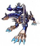 ambiguous_gender blue_body brown_body cannon claws feral machine pointy_ears prick_ears purple_eyes ranged_weapon simple_background solo spikes weapon white_background gantzcraziness bandai_namco digimon fakemon canid canine digimon_(species) dobermon fanmon mammal robot 2005 source_request