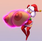 2018 absurd_res anise_(elfdrago) areola bell big_areola big_breasts big_nipples blush breast_expansion breasts brown_body christmas christmas_clothing christmas_headwear clothing digital_media_(artwork) dress elfdrago expansion female food food_creature food_humanoid glowing hat headgear headwear hi_res holding_breast holidays huge_areola huge_breasts huge_nipples humanoid hyper hyper_areola hyper_breasts hyper_nipples nipples not_furry puffy_areola puffy_nipples santa_hat solo standing
