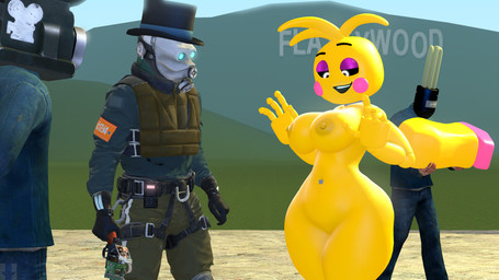 anthro areola big_breasts blue_clothing blue_shirt blue_topwear bottomwear breasts bulb_head clothed clothing curvy_figure eyebrows female for_a_head gallus gas_mask genitals glowing glowing_eyes group hat head_tuft headgear headwear holding_object holding_weapon hourglass_figure looking_down_at_breasts machine male male/female mask navel navel_piercing nipples non-mammal_breasts open_mouth pants piercing raised_eyebrow shirt smile thick_thighs top_hat topwear tuft weapon yellow_body r1v3r_styx five_nights_at_freddy's five_nights_at_freddy's_2 garry's_mod scottgames background_character civil_protection_(half-life_2) toy_chica_(fnaf) animatronic avian bird camera_head chicken galliform gallus_(genus) human mammal object_head phasianid robot robot_anthro 16:9 3d_(artwork) 4k absurd_res digital_media_(artwork) hi_res widescreen