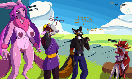 anthro book clothing cloud dialogue female group horn landscape larger_male male mostly_nude nature palmorph pasties sitting size_difference smile standing suggestive_dialogue tail text apheront palworld pocketpair bovid canid canine canis caprine katress katress_ignis lovander mammal pal_(species) sheep wolf absurd_res english_text hi_res