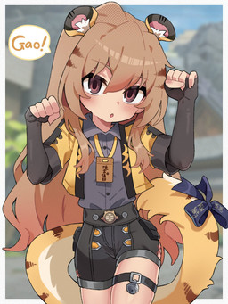 accessory animal_ears belt black_bottomwear black_clothing black_shorts blurred_background blush bottomwear brown_eyes brown_hair clothing collared_shirt cosplay dress_shirt female fluffy_ears furgonomics glistening glistening_hair grey_dress_shirt hair hair_between_eyes jacket long_hair markings open_mouth paw_pose pose ribbons shirt shorts solo speech_bubble striped_hair striped_markings striped_tail stripes tail tail_accessory tail_markings tail_ribbon topwear two_tone_tail yellow_clothing yellow_jacket_(clothing) yellow_topwear young young_female young_humanoid koonowen mihoyo toradora! zenless_zone_zero aisaka_taiga ju_fufu animal_humanoid felid felid_humanoid humanoid mammal mammal_humanoid pantherine pantherine_humanoid thiren tiger_humanoid 3:4 hi_res