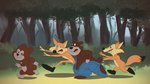 anthro clothing group height_reduction male oversized_clothing playing chucklewood_critters abner_(chucklewood_critters) buttons_(chucklewood_critters) george_(chucklewood_critters) rusty_(chucklewood_critters) bear canid canine fox mammal 16:9 hi_res widescreen