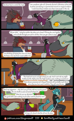 4_panel_comic anthro bar bar_stool barefoot beak black_body black_clothing black_shirt black_topwear bottle bottomwear brown_hair cleaning_glass clothed clothing coat container dialogue drinking_straw eye_contact eyelashes eyewear feet female feral frill_(anatomy) fur furaffinity_logo furniture glasses green_body green_eyes group hair hand_on_beak head_crest head_frill holding_cloth holding_glass holding_object inside jacket larger_feral looking_at_another male name_in_dialogue on_beak orange_eyes page_number pants patreon_logo plant plant_pot potted_plant purple_clothing purple_coat purple_topwear red_body scales security security_guard shelf shirt sitting sitting_on_another sitting_on_stool size_difference smaller_anthro sofa speech_bubble stool tail tail_frill tan_body tan_fur teal_body teal_scales text topwear white_clothing white_shirt white_topwear yellow_eyes rimentus furaffinity mythology patreon caldius_ferrington_(rimentus) coalt emeralyn_(rimentus) rysindra_(rimentus) aquatic aquatic_dragon avian bird corvid dragon furred_dragon furred_scalie gryphon magpie_(corvid) mythological_avian mythological_creature mythological_scalie oscine passerine scalie wingless_dragon comic english_text hi_res multiple_scenes url