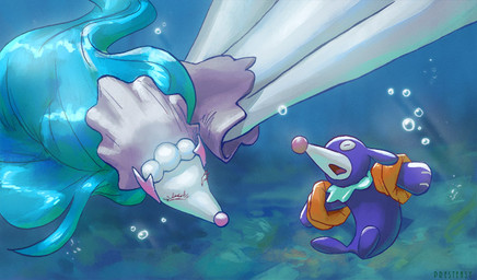 ambiguous_gender blue_body blue_hair duo hair inflatable inflatable_armbands long_hair open_mouth pool_float swimming underwater water white_body white_skin presteasy_(artist) nintendo pokemon aquatic generation_7_pokemon mammal pinniped pokemon_(species) popplio primarina