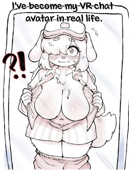 after_transformation anthro belly big_breasts biped blush bottomwear bottomwear_down breasts clothed clothing eyebrows eyelashes featureless_breasts female fur hair implied_transformation interrobang mirror mirror_reflection navel panties pants pants_down partially_clothed reflection shirt simple_background slightly_chubby slightly_chubby_female solo standing tail text thick_thighs topwear transformation underwear vr_headset wide_hips xeppir canid canine canis domestic_dog mammal 2026 english_text hi_res