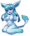 anthro anthrofied biped blue_body blue_eyes blue_fur blue_hair breasts collarbone featureless_breasts female fur hair hand_on_head handpaw kemono kneeling navel nude open_mouth paws pokemorph simple_background sitting smile solo white_background ni_jikan nintendo pokemon canid canine eeveelution generation_4_pokemon glaceon mammal pokemon_(species)