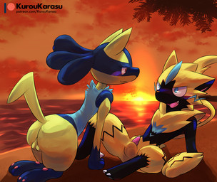 anthro backsack balls beach black_body black_fur blue_body blue_fur butt duo erection evening fur genitals male male/male open_mouth patreon_logo penis rear_view seaside sunset text yellow_body yellow_fur kurohane_karasu third-party_edit nintendo patreon pokemon canid canine felid feline generation_4_pokemon generation_7_pokemon legendary_pokemon lucario mammal pokemon_(species) shiny_pokemon zeraora 2020 digital_media_(artwork) url