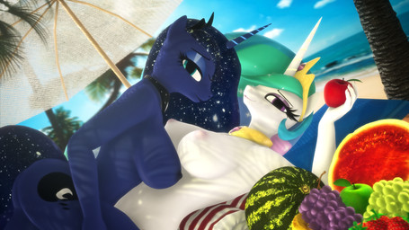 anthro anthrofied apple beach blue_eyes breasts butt collar cosmic_hair crown cutie_mark duo dutch_angle ethereal_hair female female/female food fruit grape hair headgear holding_food holding_object horn looking_at_viewer lying melon multicolored_hair on_back outside plant pseudo_hair purple_eyes seaside smile strawberry umbrella watermelon wings loveslove friendship_is_magic hasbro my_little_pony mythology princess_celestia_(mlp) princess_luna_(mlp) equid equine mammal mythological_creature mythological_equine winged_unicorn 16:9 3d_(artwork) 4k absurd_res digital_media_(artwork) hi_res source_filmmaker_(artwork) widescreen incest_(lore) sibling_(lore) sister_(lore) sisters_(lore)