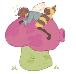 afro ambiguous_gender anthro cuddling duo female fungus mushroom simple_background sleeping sound_effects vowelless vowelless_sound_effect zzz hoiyuur electronic_arts gorillaz plants_vs._zombies popcap_games noodle_(gorillaz) sunny_baudelaire arthropod bee bumble_bee_(species) fume-shroom hymenopteran insect hi_res trans_(lore) trans_woman_(lore)