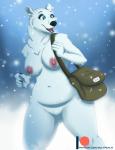 anthro big_breasts blue_eyes breasts ear_piercing ear_ring featureless_crotch female fur mailbag nipples nude outside piercing ring_piercing smile snow solo text white_body white_fur wolfpsalm super_fuck_friends evelyn_(sff) bear mammal polar_bear ursine 2019 digital_media_(artwork) hi_res url trans_(lore) trans_woman_(lore)