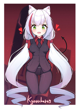 border breasts clothing female fur green_eyes hair heart_symbol long_hair medium_breasts simple_background solo spade_tail tail white_body white_border white_fur white_hair zangi_(lkt2012) cygames helltaker princess_connect! princess_connect!_re:dive karyl_(princess_connect!) animal_humanoid cat_humanoid felid felid_humanoid feline feline_humanoid humanoid mammal mammal_humanoid absurd_res crossover hi_res