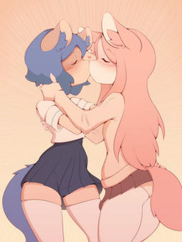 anthro blush blush_lines bottomwear clothed clothing duo ears_up eyes_closed female female/female furgonomics heart_symbol hug inner_ear_fluff kiss_on_lips kissing legwear panties raised_bottomwear raised_clothing raised_skirt school_uniform side_view skirt stockings sweater tail tail_through_skirt topwear tuft underwear uniform white_clothing white_legwear white_stockings nepentz brand_new_animal studio_trigger michiru_kagemori nazuna_hiwatashi canid canine fox mammal raccoon_dog tanuki absurd_res digital_media_(artwork) hi_res shaded