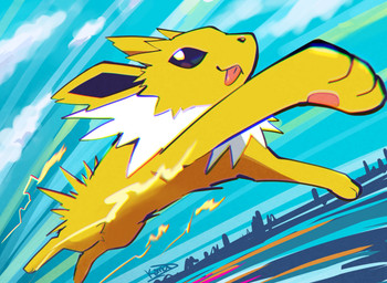ambiguous_gender black_eyes black_inner_ear cloud electricity feral fur motion_blur outside pawpads paws quadruped simple_background tongue tongue_out white_body white_fur yellow_body yellow_fur komanyachi nintendo pokemon eeveelution generation_1_pokemon jolteon pokemon_(species) absurd_res hi_res