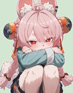 ahoge anthro blush braided_pigtails clothed clothed_anthro clothed_female clothing ear_piercing ear_ring female fully_clothed fully_clothed_anthro fully_clothed_female fur hair inner_ear_fluff piercing pink_body pink_fur pink_hair red_eyes ring_piercing simple_background solo tuft hyeoning mihoyo zenless_zone_zero zhao_(zenless_zone_zero) lagomorph leporid mammal rabbit thiren 2026 hi_res
