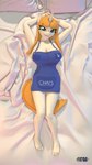 anthro apron apron_only bed big_breasts breasts cleavage clothed clothing dakimakura feet female freckles furniture green_eyes hair horn humanoid_feet looking_at_viewer lying mostly_nude on_back on_bed orange_hair plantigrade solo anthroponiessfm hasbro my_little_pony mythology chai_malai fan_character equid equine mammal mythological_creature mythological_equine unicorn 3d_(artwork) 9:16 dakimakura_design digital_media_(artwork) hi_res