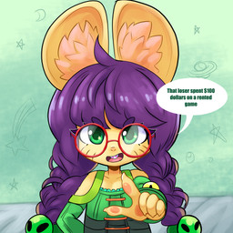 anthro braces clothed clothing female gesture hair hand_gesture long_hair looking_at_viewer nerd pigtails pointing smile solo speech_bubble standing text young young_anthro young_female ichduhernz poni_(ichduhernz) domestic_cat felid feline felis mammal 2026 english_text half-length_portrait hi_res portrait