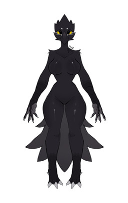 anthro big_breasts black_body breasts claws curvy_figure featureless_breasts featureless_crotch female finger_claws hourglass_figure non-mammal_breasts solo thick_thighs toe_claws wide_hips yellow_eyes jmaf33r raven_(jmaf33r) avian bird corvid corvus_(genus) oscine passerine raven hi_res