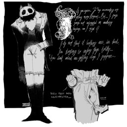 anthro clothed clothing cursive genitals horror_(theme) male penis solo text unzipped zipper zivnny_(artist) pocketcat_(fear_&_hunger) felid feline mammal 1:1 english_text hi_res monochrome shaded simple_shading