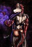 anthro clothing fantasy half_naked magic magic_user male muscular muscular_anthro muscular_male night solo spells underwear silverferak ferak canid canine canis mammal vancouver_island_wolf wolf hi_res