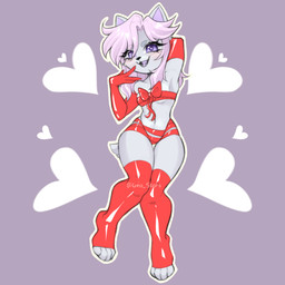 4_fingers anthro big_eyes bodysuit breasts clothing eyelashes female fingers footwear fur gloves grey_body hair handwear pink_hair red_bodysuit red_clothing red_footwear red_gloves red_handwear red_leather red_ribbon red_skinsuit red_socks short_tail skinsuit small_breasts socks solo tail thick_eyelashes tight_clothing white_body white_fur wide_hips gea_stars izukuri canid canine canis mammal wolf 1:1 hi_res