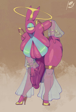 big_breasts big_penis breasts cleavage clothed clothing footwear genitals gynomorph high_heels holding_butt huge_breasts huge_penis hyper hyper_genitalia hyper_penis intersex penis shoes solo thick_thighs vein veiny_penis peculiart cyclops 2023 hi_res