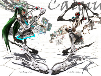 3_fingers accessory ambiguous_gender black_bottomwear black_bra black_clothing black_skirt black_underwear blue_eyes blue_necktie bone bottomwear bra clothing cosplay duo electronics female fingers glowing glowing_eyes green_hair hair headphones hexagon horror_(theme) human_skull long_hair looking_at_viewer machine mechanical_arm mechanical_leg necktie not_furry pelvis pleated_skirt red_eyes rib_cage shirtless shirtless_female shirtless_humanoid skeleton skirt skull spine square_crossover text twintails_(hairstyle) underwear deino_(artist) vocaloid yamaha_corporation calne_ca hatsune_miku animated_skeleton humanoid robot robot_humanoid undead 2009 3d_(artwork) 4:3 autodesk_3ds_max_(artwork) character_name digital_media_(artwork) english_text full-length_portrait portrait