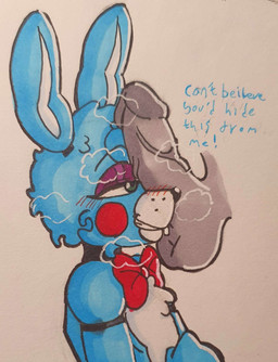 anthro aroused_smile balls big_balls big_penis blush bow_tie buckteeth curly_hair dialogue disembodied_penis duo exclamation_point eyeshadow femboy genitals hair imminent_sex lustful_gaze machine makeup male musk musky_penis penis penis_on_face teeth text justsomeidiotonline five_nights_at_freddy's five_nights_at_freddy's_2 scottgames toy_bonnie_(fnaf) animatronic lagomorph leporid mammal rabbit robot 2023 english_text hi_res traditional_media_(artwork)