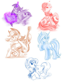 book cutie_mark electric_guitar feathered_wings feathers female group guitar horn male musical_instrument plucked_string_instrument reading string_instrument wings jadedjynx friendship_is_magic hasbro my_little_pony mythology applejack_(mlp) fan_character twilight_sparkle_(mlp) earth_pony equid equine horse mammal mythological_creature mythological_equine pony winged_unicorn 2015 4:5 absurd_res hi_res sketch