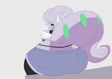 ambiguous_gender big_butt big_tail biped butt closed_smile clothed clothing condom eyeshadow green_eyes green_spots grey_background huge_butt looking_back makeup mouth_closed rear_view sexual_barrier_device simple_background sitting smile solo spots tail white_sclera mamimibuns nintendo pokemon generation_6_pokemon goodra pokemon_(species) 2025 hi_res