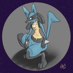 abstract_background ambiguous_gender anthro athletic blue_body blue_fur crouching fur red_eyes solo bearglyph nintendo pokemon generation_4_pokemon lucario pokemon_(species) 1:1 absurd_res hi_res