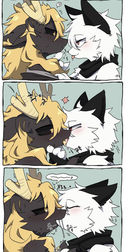 ambiguous_gender anthro black_body black_fur black_sclera blonde_hair blush bodily_fluids cheek_tuft chest_tuft claws clothed clothing curious dripping duo facial_tuft finger_claws french_kissing fur hair horn kissing looking_pleasured mostly_nude multicolored_body multicolored_fur red_eyes saliva saliva_drip saliva_on_tongue scarf scarf_only sound_effects text tongue tongue_out tuft two_tone_body two_tone_fur white_body white_fur yellow_eyes lazycatto mythology reggie_(lazycatto) domestic_cat dragon felid feline felis furred_dragon furred_scalie mammal mythological_creature mythological_scalie scalie comic hi_res korean_text