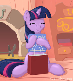 book eyes_closed female feral fireplace gift gift_bag horn hug hugging_object inside smile solo callichrome friendship_is_magic hasbro my_little_pony mythology twilight_sparkle_(mlp) equid equine mammal mythological_creature mythological_equine unicorn absurd_res hi_res