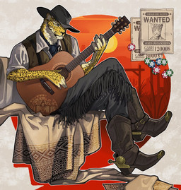 anthro black_boots black_bottomwear black_clothing black_footwear black_headwear black_nose black_pants black_spots boots bottomwear clothed clothing footwear fully_clothed fur headgear headwear holding_musical_instrument holding_object leopard_spots markings multicolored_body multicolored_fur musical_instrument pants poker_chip shoes solo spots spotted_body spotted_fur text topwear yellow_body yellow_fur lljh felid leopard mammal pantherine 2023 english_text