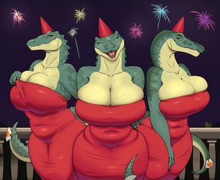 adjusting_clothing anthro big_breasts bite biting_lip breasts clothing costume curvy_figure female fireworks group hand_on_hip hat headgear headwear hourglass_figure looking_at_viewer markings mole_(marking) party_hat seductive tight_clothing trio tube_dress arttukorppu crocodile crocodilian dinosaur prehistoric_species reptile saurischian scalie spinosaurid suchomimus theropod hi_res