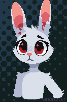 anthro fur halftone_background male pattern_background red_eyes simple_background solo white_body white_fur anonster lagomorph leporid mammal rabbit digital_media_(artwork) halftone pixel_(artwork) watermark