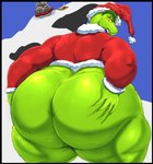 antlers big_butt blue_sky bottom_heavy bottomless bottomless_male butt butt_grab cellulite christmas_clothing christmas_headwear clothed clothing costume eyebrows eyelashes feral fur green_body green_fur hand_on_butt hat headgear headwear holidays horn huge_butt huge_thighs looking_back male mountain obese open_mouth overweight overweight_male red_eyes santa_costume santa_hat sky sled snow solo text thick_eyebrows thick_eyelashes thick_thighs yellow_sclera soulman1 christmas dr._seuss how_the_grinch_stole_christmas! grinch max_(the_grinch) canid canine humanoid mammal hi_res