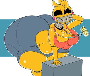anthro beakless bear_trap_teeth bent_over big_breasts big_butt black_sclera bottomwear breasts butt cleavage clothed clothing female fingers huge_breasts huge_butt huge_hips huge_thighs hyper hyper_butt hyper_hips hyper_thighs machine sharp_teeth shirt shorts smile solo tank_top teeth text thick_thighs topwear white_eyes wide_hips yellow_body furu_flami five_nights_at_freddy's five_nights_at_freddy's_2 scottgames toy_chica_(fnaf) animatronic avian bird chicken galliform phasianid robot english_text