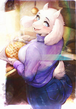 anthro blue_bottomwear blue_clothing blue_eyes bottomwear breasts butt clothed clothing eyebrows female fully_clothed fur horn open_mouth pie_(food) pink_tongue purple_clothing purple_topwear solo tail tongue topwear white_body white_ears white_fur white_horn white_tail thwillartz undertale_(series) toriel boss_monster_(undertale) bovid caprine mammal 2025 digital_media_(artwork) hi_res