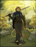 anthro armor biped black_border border brown_hair erdtree fantasy female hair light_rays melee_weapon outside paws plant rock shield shrub solo sword tail tail_tuft tree tuft weapon greasymojo elden_ring fromsoftware felid lion mammal pantherine 2022 absurd_res hi_res