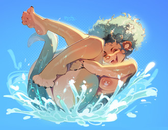 4_toes accessory afro_puffs anthro barbell_piercing blue_background blue_body blue_fur blue_hair braided_hair breasts brown_body brown_fur claws curly_hair ear_piercing eyes_closed facial_piercing feet female folded fur hair hair_accessory holding_both_legs multicolored_body multicolored_fur nipple_barbell nipple_piercing nipples nose_piercing nose_ring nude nude_female open_mouth open_smile piercing raised_foot ring_piercing simple_background smile solo splash tail thick_thighs toe_claws toes wet ulitochka mammal mustelid otter 2024 dated digital_media_(artwork) hi_res