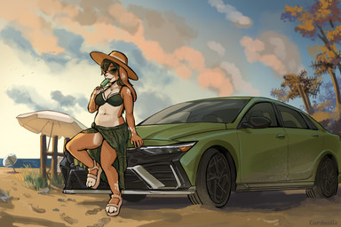 4_toes 5_fingers anthro beach beach_umbrella belly bra car clothing dessert eating eating_food eyewear feet female fingers food green_bra green_clothing green_underwear green_vehicle hat headgear headwear ice_cream looking_at_viewer multicolored_body nature on_hood parasol pareo solo straw_hat sunglasses sunset swimwear toes underwear vehicle carduelis hyundai_elantra kelly_hase hare lagomorph leporid mammal rabbit 3:2 hi_res