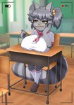 anthro asian_clothing big_breasts big_tail biped black_nose breasts camera_view chair classroom clothed clothing desk east_asian_clothing eyebrows female footwear furniture green_eyes grey_body grey_hair hair huge_breasts japanese_clothing japanese_school_uniform markings nipple_outline on_chair pencil_(object) pigtails ring_(marking) ringed_tail school school_uniform serafuku shirt short_hair sitting sitting_on_chair socks solo striped_markings striped_tail stripes table tail tail_markings topwear uniform white_clothing white_footwear white_shirt white_socks white_topwear young young_anthro young_female gi0 lemur mammal primate ring-tailed_lemur strepsirrhine 2025 absurd_res hi_res