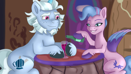 alcohol beverage bottle container cup drinking_glass duo female fetlocks freckled_face freckles glass glass_container glass_cup horn inside male male/female sitting smile wine wine_bottle wine_glass wings jbond hasbro mlp_g5 my_little_pony mythology alphabittle_blossomforth_(mlp) queen_haven_(mlp) equid equine horse mammal mythological_creature mythological_equine pegasus pony unicorn 16:9 hi_res widescreen